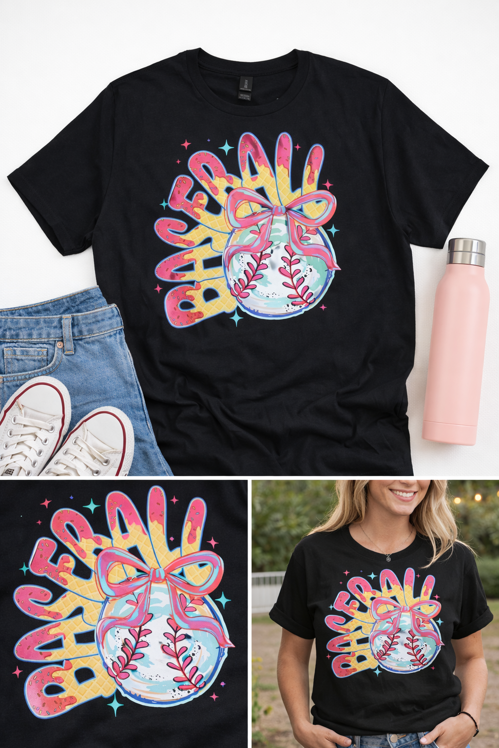 Sweet Home Run Baseball Bow Graphic Tee