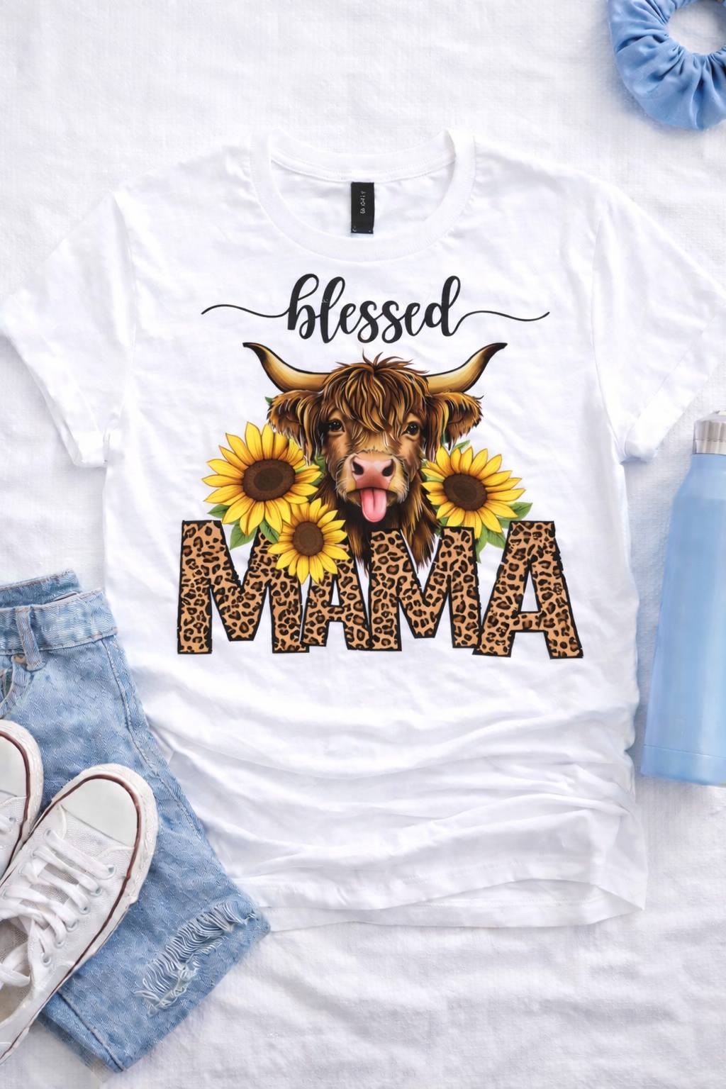 Blessed Mama Cow Graphic Tee – Sunflower Leopard Western Mama Shirt