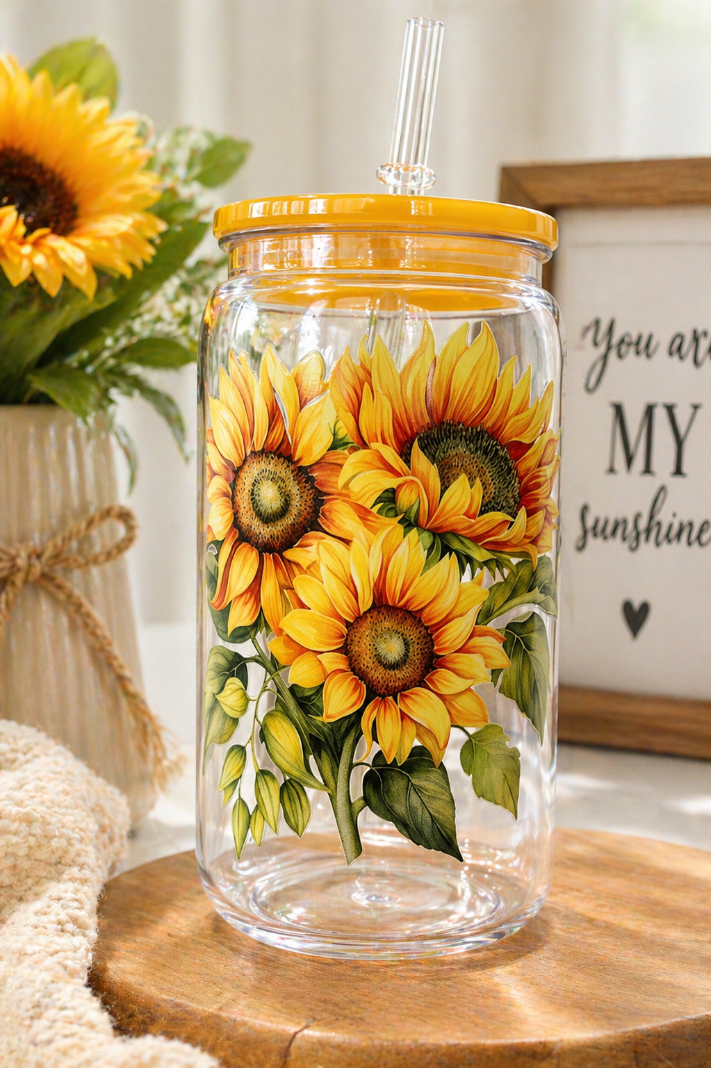 Sunflower Floral Plastic Tumbler Cup with Straw & Lid