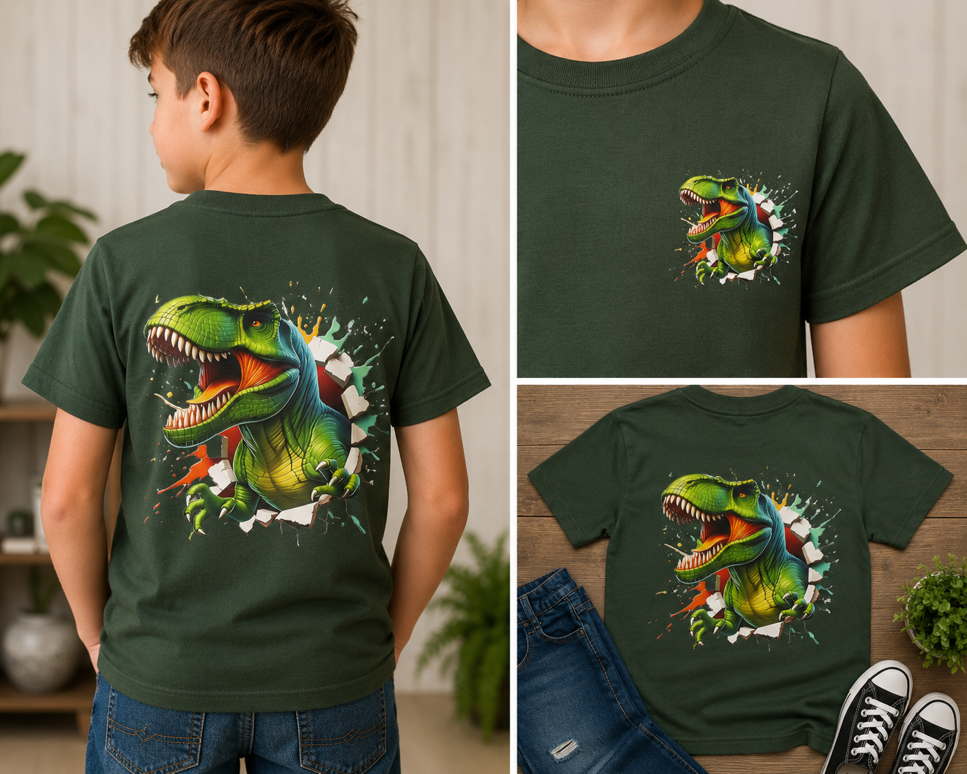 Kids T-Rex Pocket & Back Print Shirt | Youth Dinosaur Tee | Boys Graphic Tee | Front Pocket Dino Shirt | Back Print T-Rex Shirt