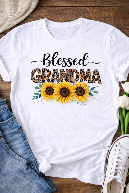 Blessed Grandma Sunflower Graphic Tee – Leopard Print Grandma Shirt Gift