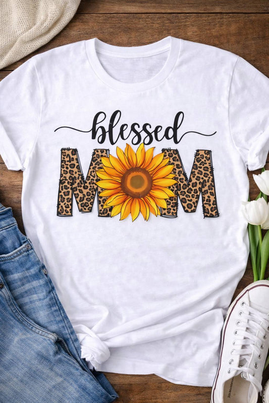 Blessed Mom Sunflower Graphic Tee – Leopard Print Mom Shirt Gift