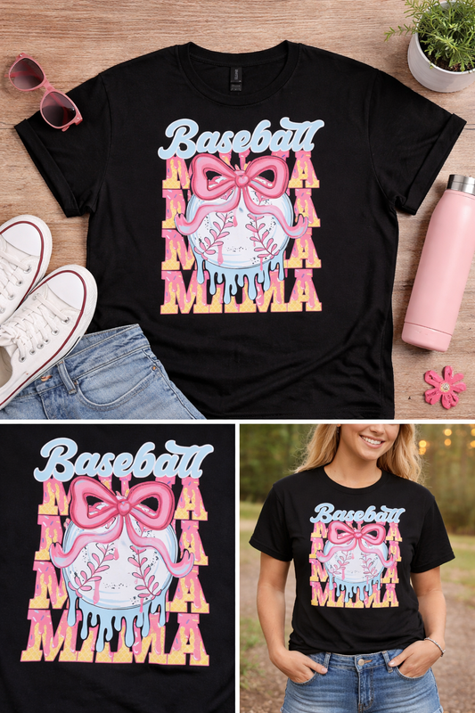 Baseball Mama Bow Graphic Tee – Cute Game Day Mom Shirt