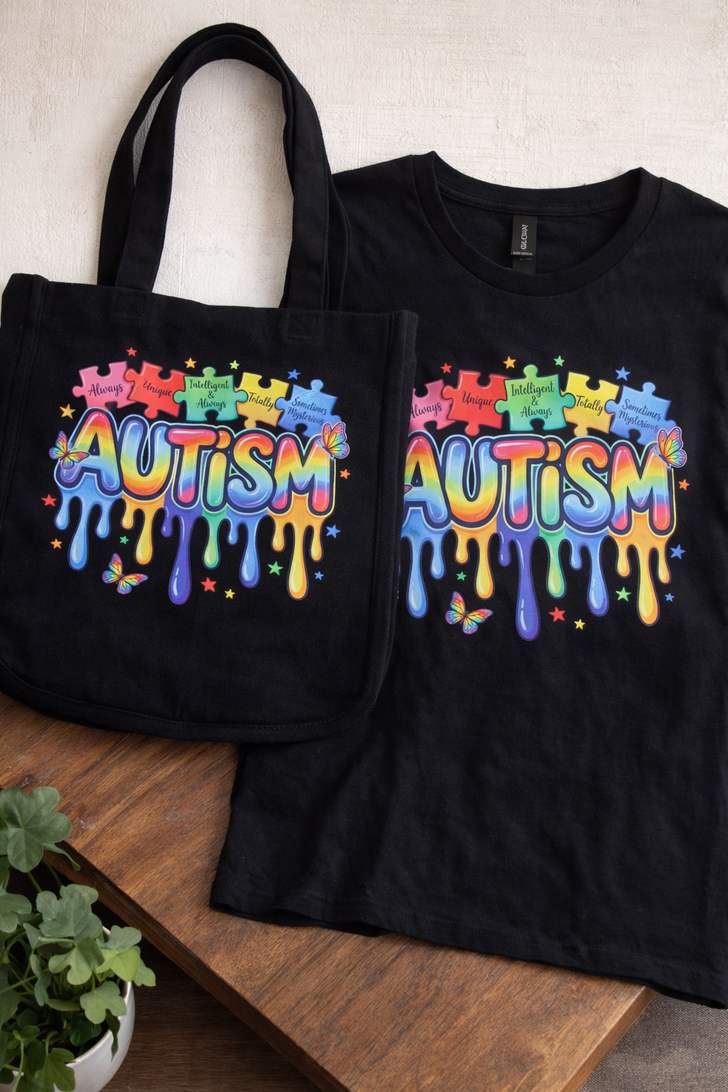 Autism Awareness Shirt & Tote Set – Colorful Drip Design Bundle
