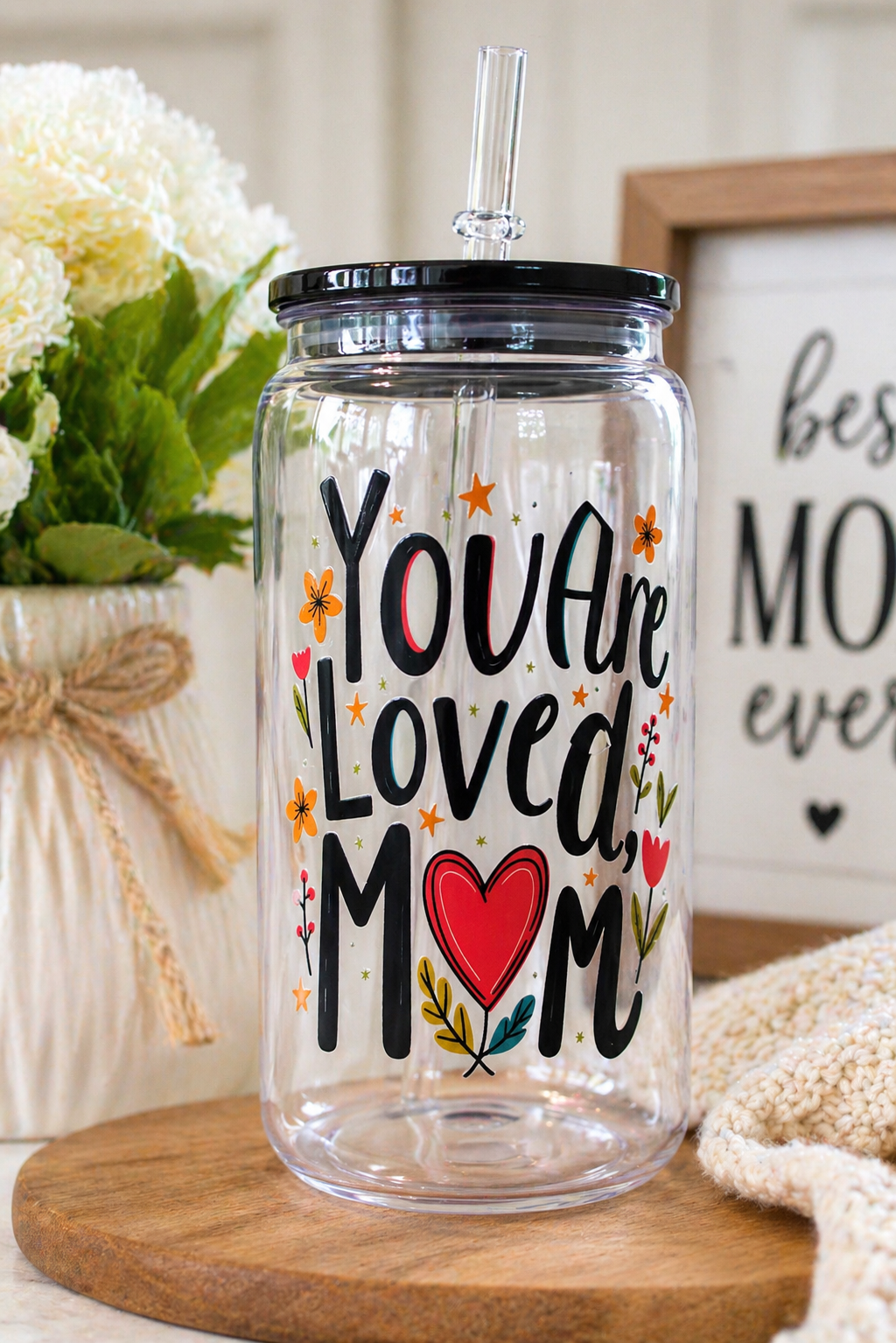 “You Are Loved, Mom” Plastic Tumbler Cup with Straw & Lid