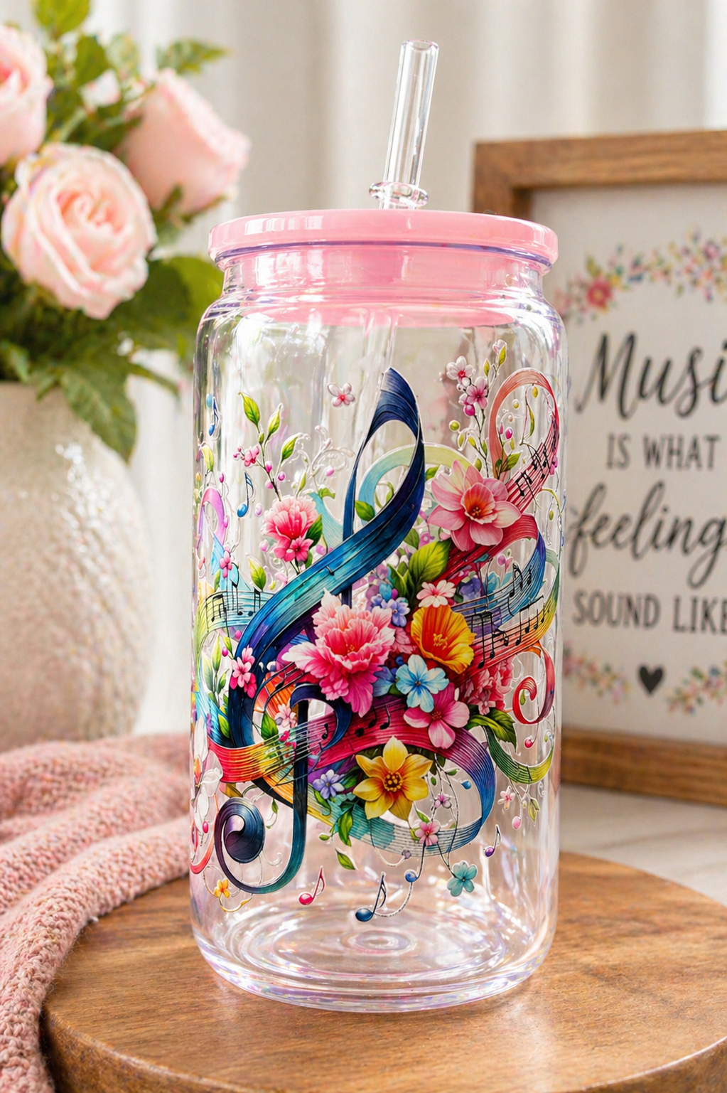 Floral Music Note Plastic Tumbler Cup with Straw & Lid