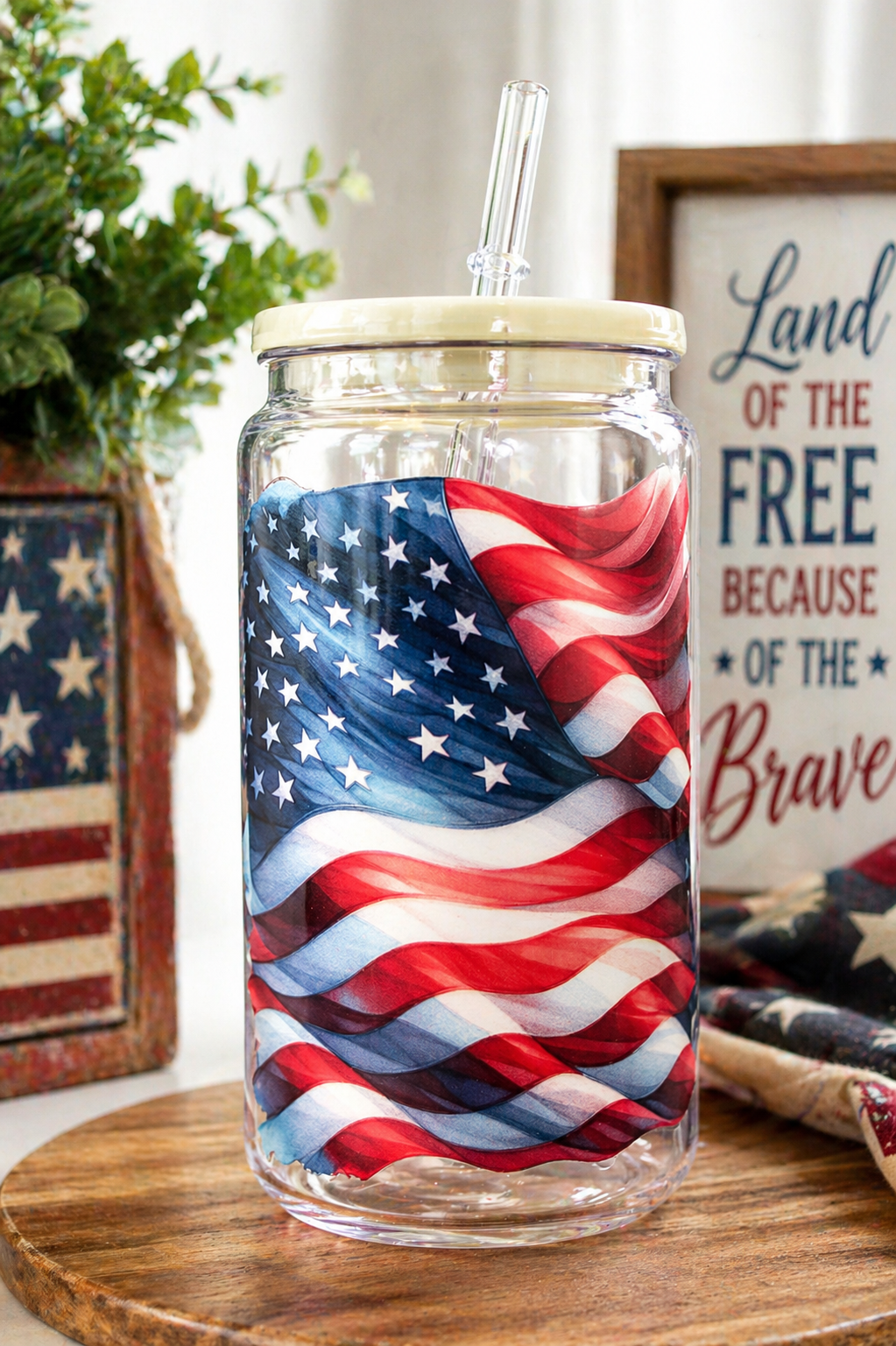 American Flag Plastic Tumbler Cup with Straw & Lid