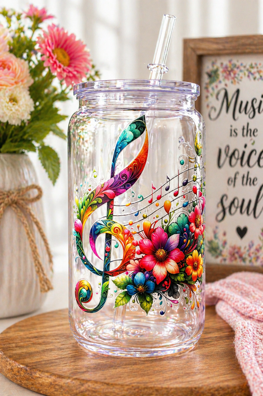 Colorful Floral Music Note Plastic Tumbler Cup with Straw & Lid