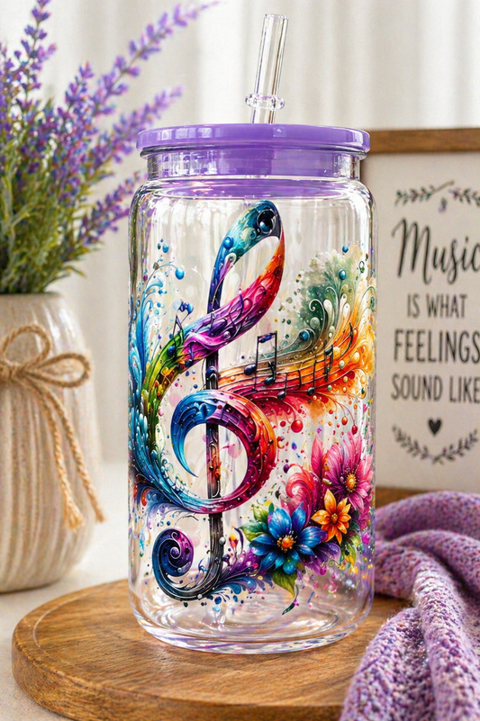 Vibrant Rainbow Music Note Plastic Tumbler Cup with Straw & Lid