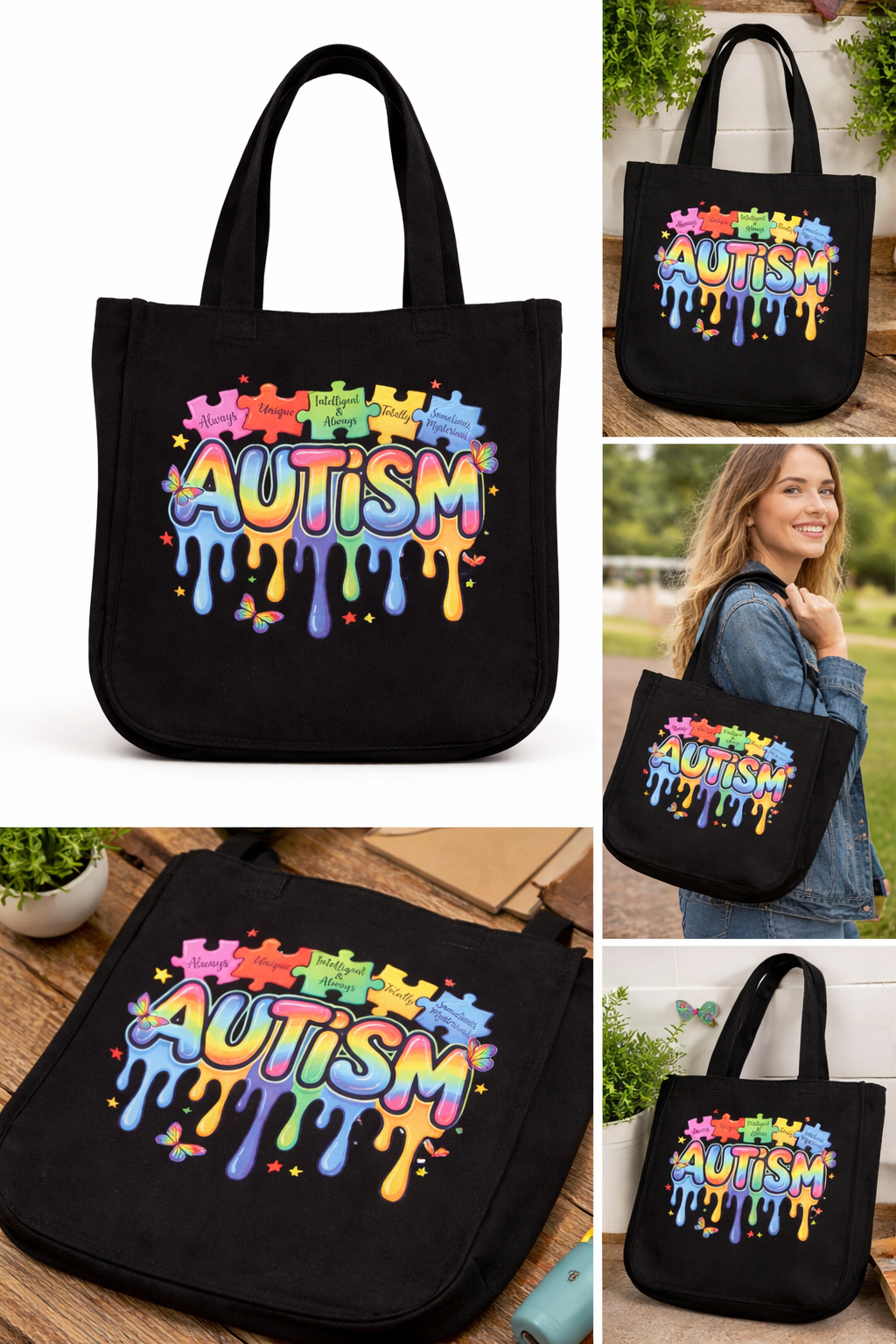 Autism Awareness Black Canvas Tote