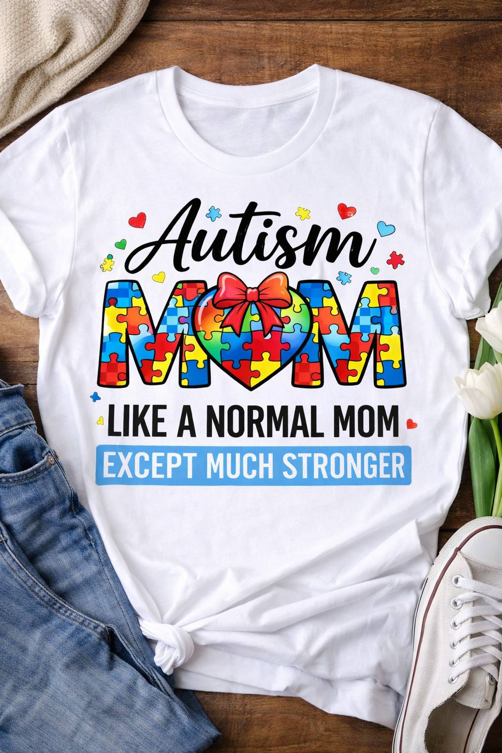 Autism Mom Shirt – Like a Normal Mom Except Much Stronger | Autism Awareness Tee | Puzzle Heart Design