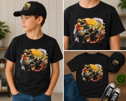 Kids Dinosaur Monster Truck Shirt & Hat Set | Youth T-Rex Truck Outfit | Boys Dino Truck Tee & Cap Combo | Matching Kids Graphic Set