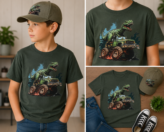 Kids Dinosaur Monster Truck Shirt & Hat Set | Youth T-Rex Truck Outfit | Boys Adventure Tee & Cap Combo | Matching Kids Dino Set