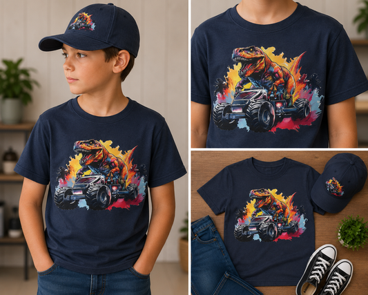 Kids T-Rex Monster Truck Shirt & Hat Set | Youth Dinosaur Truck Outfit | Boys Graphic Tee & Cap Combo | Matching Kids Dino Set