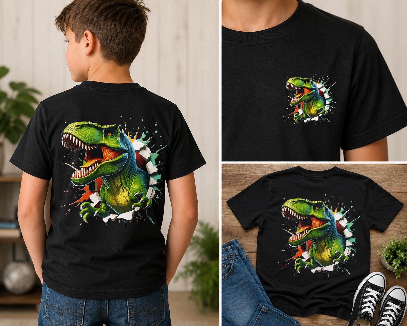 Kids T-Rex Pocket & Back Print Shirt | Youth Dinosaur Tee | Boys Graphic Tee | Front Pocket Dino Shirt | Back Print T-Rex Shirt