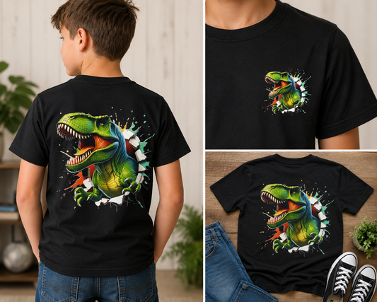 Kids T-Rex Pocket & Back Print Shirt | Youth Dinosaur Tee | Boys Graphic Tee | Front Pocket Dino Shirt | Back Print T-Rex Shirt
